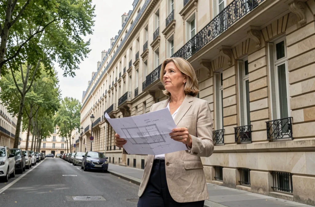 Investisseuse immobilière devant un immeuble haussmannien parisien tenant un plan architectural pour un investissement en nue-propriété