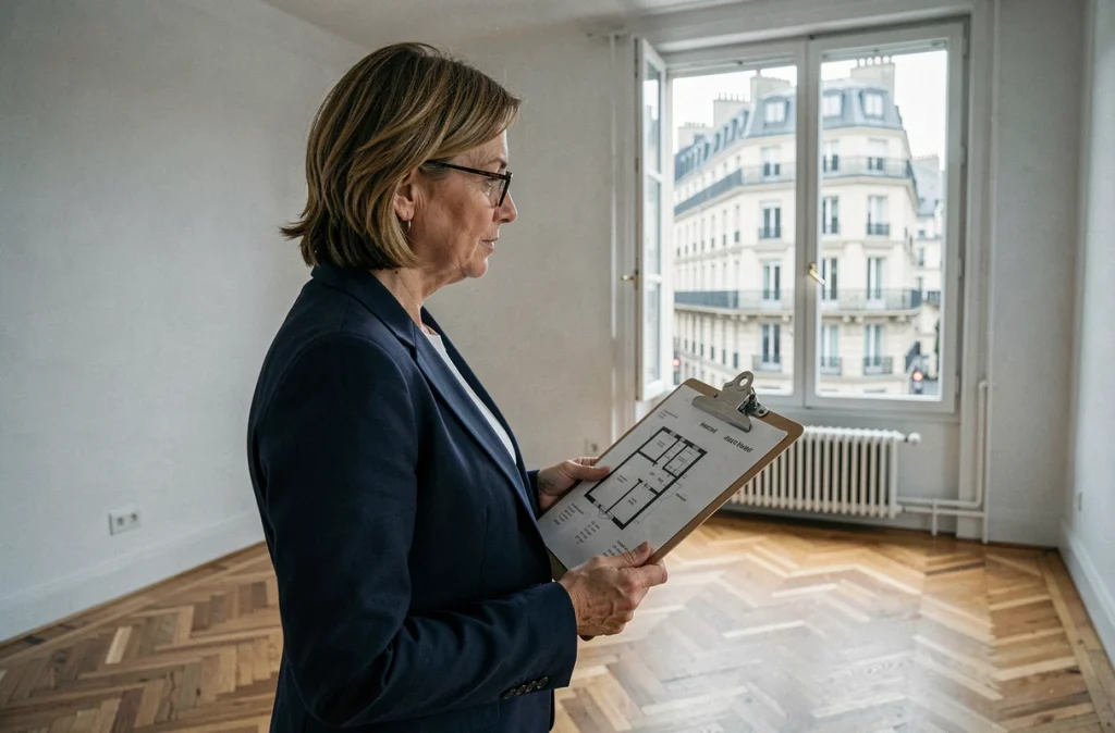 Investisseuse immobilière inspectant un appartement vide avec des documents de rendement locatif