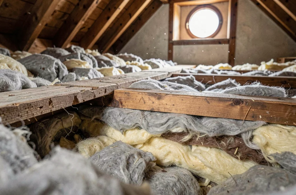Détail des couches d'isolation en ouate de cellulose soufflée entre les solives d'un plancher de combles dans une maison ancienne