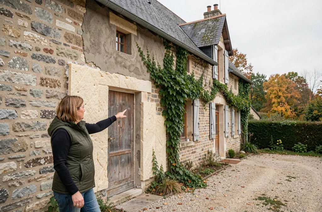 Femme inspectant l'isolation extérieure par enduit d'une maison ancienne en pierre en milieu rural