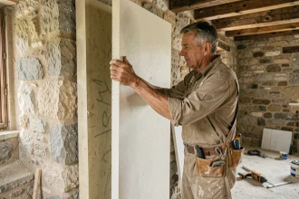 Artisan posant des panneaux isolants rigides sur un mur en pierre d'une ancienne maison de campagne française