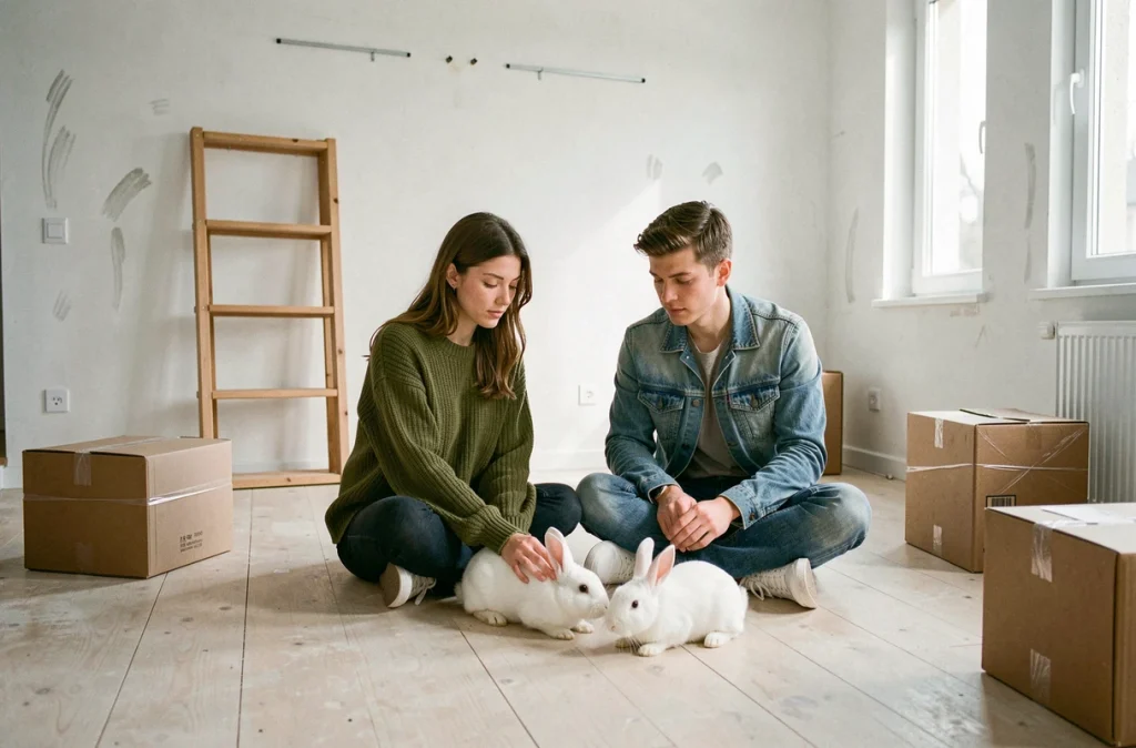 Couple accompagnant ses lapins de compagnie dans un appartement vide lors d'un déménagement