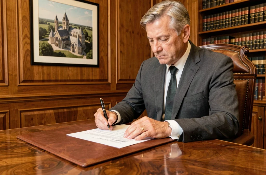 Notaire signant un acte d'acquisition d'un bien classé monument historique pour un investissement défiscalisé