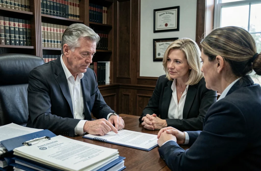 Notaire expliquant les conditions juridiques d'un terrain donné gratuitement à un couple de particuliers
