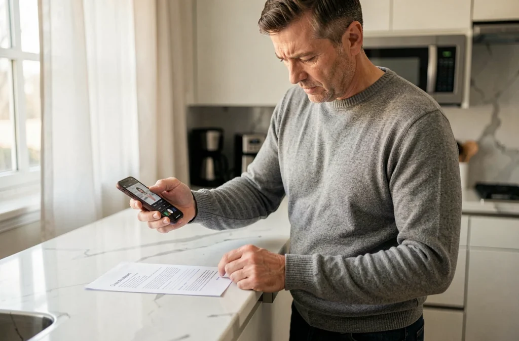 Homme numérisant un document administratif avec son smartphone dans une cuisine moderne pour préparer son dossier d'inscription