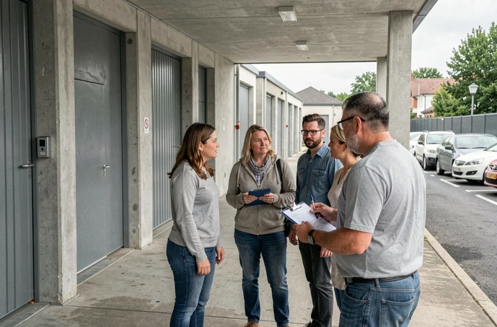 Groupe de participants assistant à une vente aux enchères de box de stockage animée par un commissaire-priseur