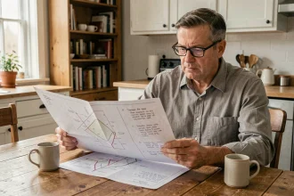 Particulier examinant des documents cadastraux d'un terrain à donner gratuitement à sa table de cuisine