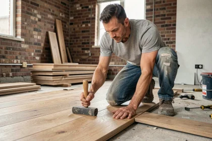 Artisan posant un parquet en chêne massif lors d'une rénovation de salon, avec outils et lames de bois au sol