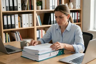 Femme organisant ses justificatifs administratifs dans des dossiers sur un bureau en bois avant une inscription en ligne