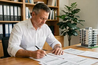 Propriétaire étudiant les avantages fiscaux de la location meublée non professionnelle à son bureau à domicile