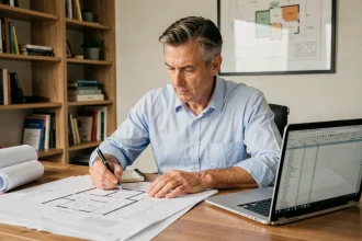 Propriétaire immobilier analysant des documents de travaux et de déficit foncier à son bureau