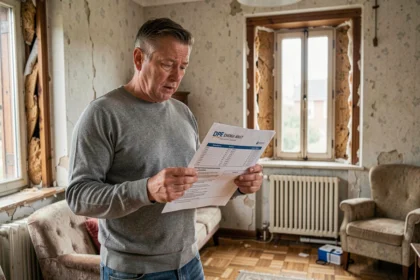 Propriétaire tenant un document DPE dans un salon mal isolé avec fenêtres anciennes et radiateur vétuste