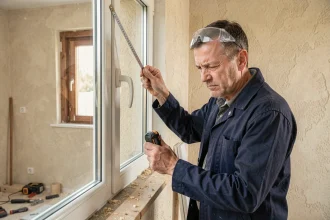 Artisan mesurant un cadre de fenêtre en PVC double vitrage lors d'un chantier de remplacement de menuiseries pour économies d'énergie