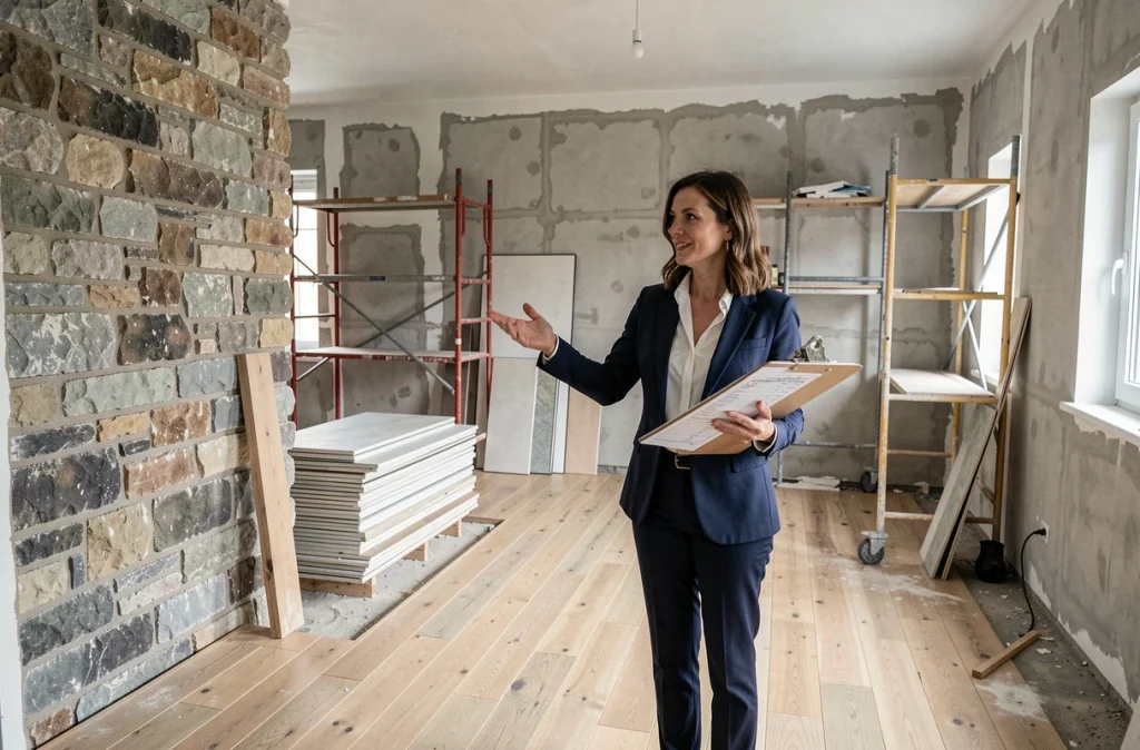 Investisseuse immobilière supervisant des travaux de rénovation dans un appartement ancien pour optimiser le déficit foncier