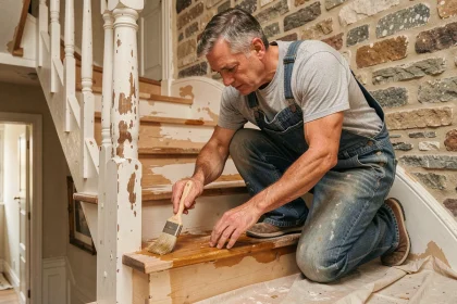 Artisan en salopette appliquant une teinture bois sur un escalier en cours de rénovation dans une maison ancienne