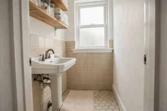 Salle de bain modernisée avec peinture blanche et nouveau robinet en nickel brossé dans un petit appartement urbain