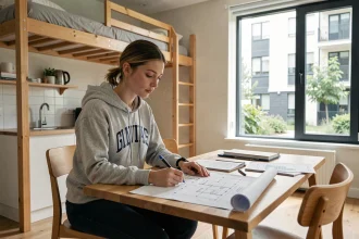 Étudiante dans un appartement résidence étudiante moderne consultant des documents immobiliers sur un bureau en bois