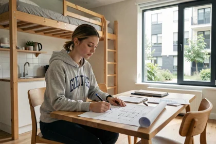 Étudiante dans un appartement résidence étudiante moderne consultant des documents immobiliers sur un bureau en bois