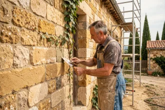 Artisan appliquant du mortier de chaux sur une façade en pierre ancienne lors d'une restauration de maison de campagne