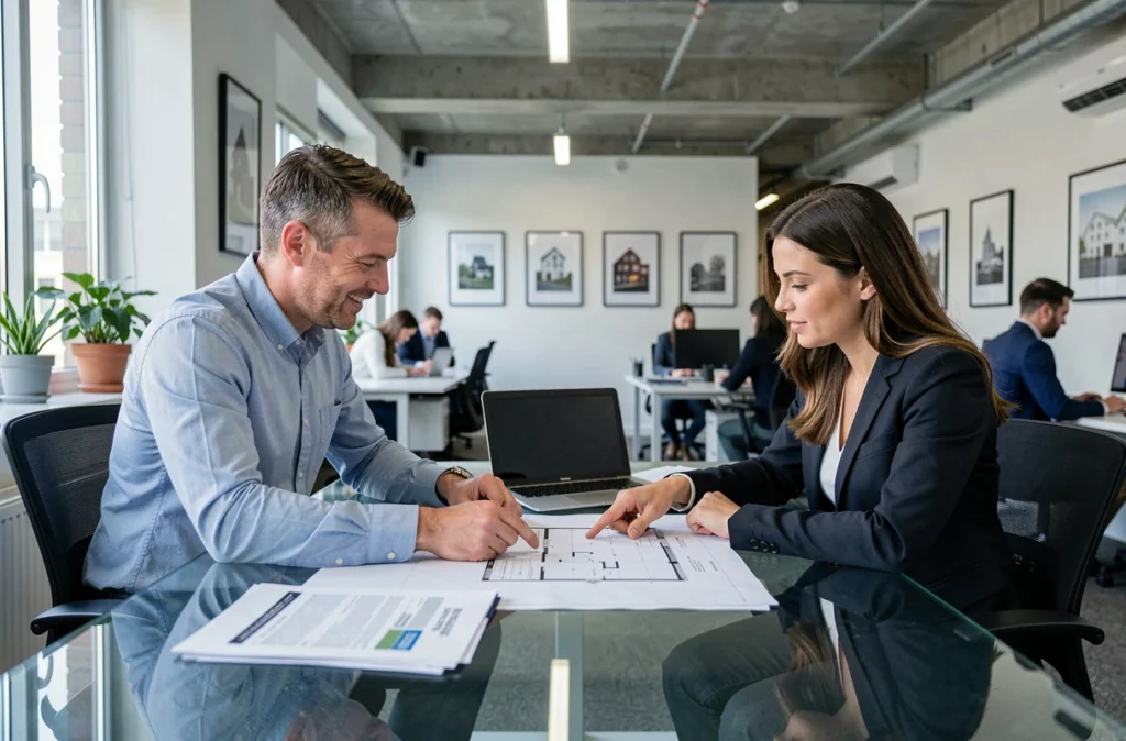 Deux professionnels de l'immobilier analysant un plan d'appartement en réunion, symbolisant l'accompagnement vers un investissement rentable