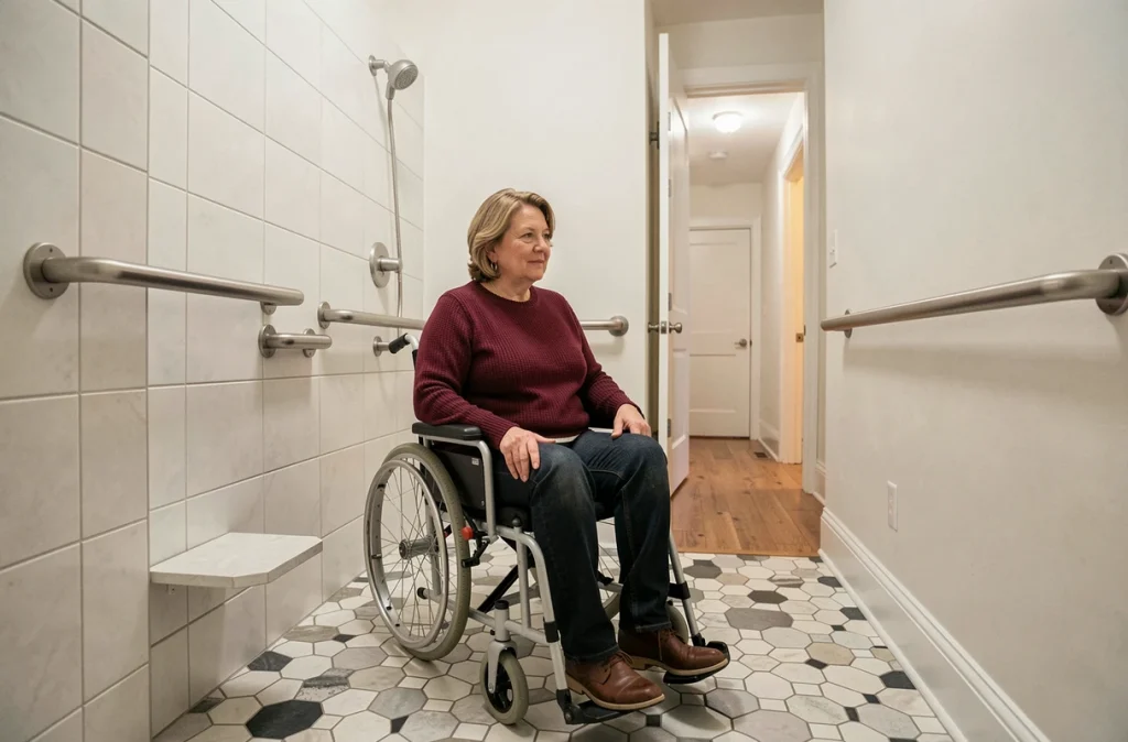 Femme en fauteuil roulant utilisant une douche accessible avec barres d'appui dans un appartement ancien rénové