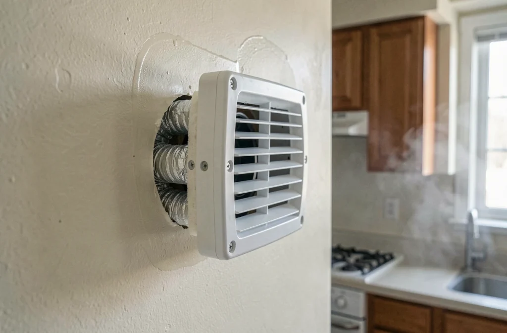 Système de ventilation double flux installé dans une cuisine résidentielle pour contrôler l'humidité