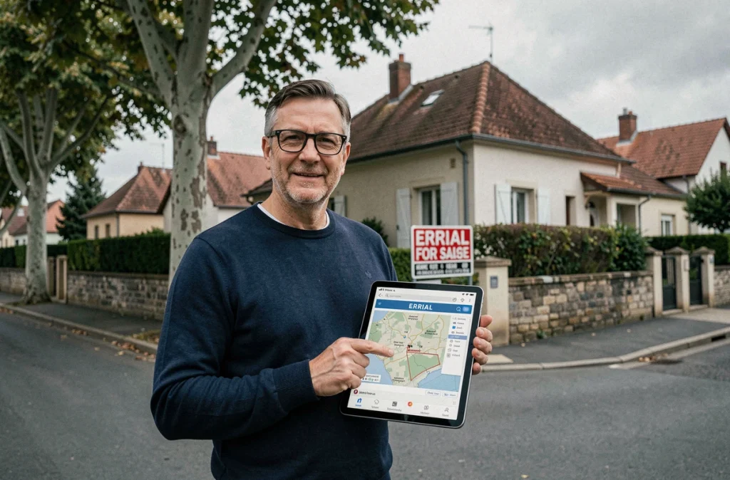 Agent immobilier vérifiant les zones de géorisques sur tablette devant une maison à vendre en France