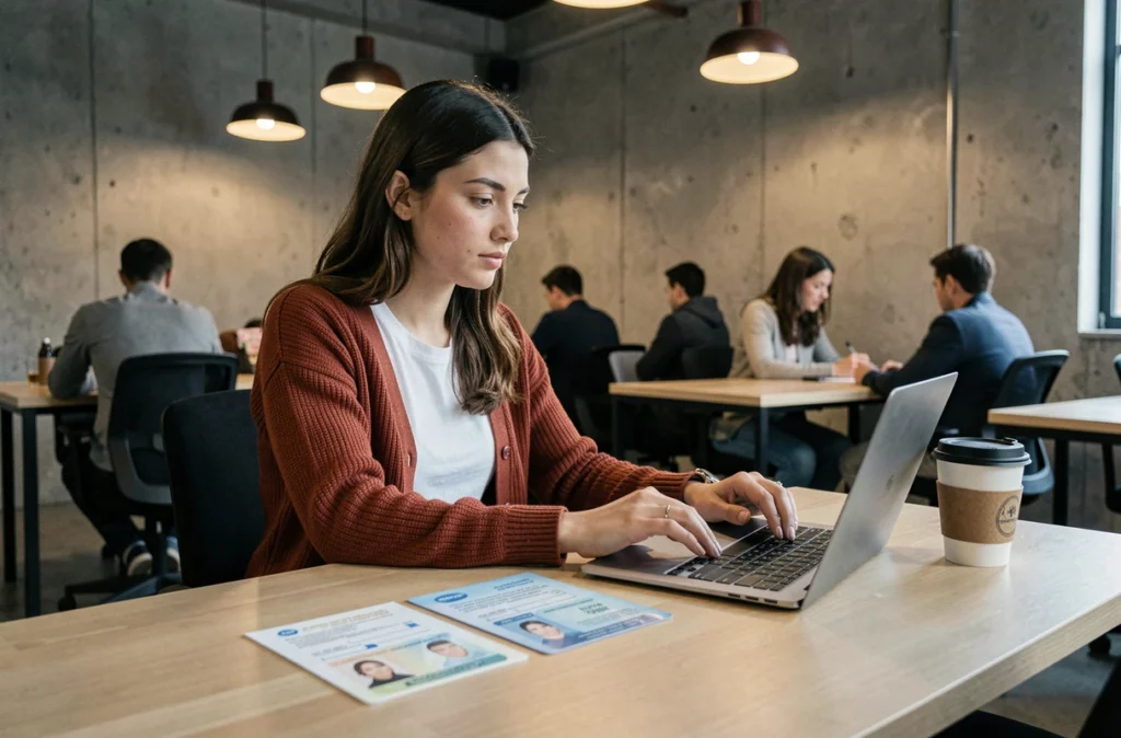 Jeune femme vérifiant ses pièces justificatives d'identité avant de compléter un formulaire d'inscription en ligne dans un espace de coworking