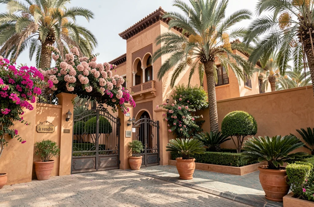 Villa à vendre à Marrakech avec panneau immobilier devant une villa de luxe dans la Palmeraie