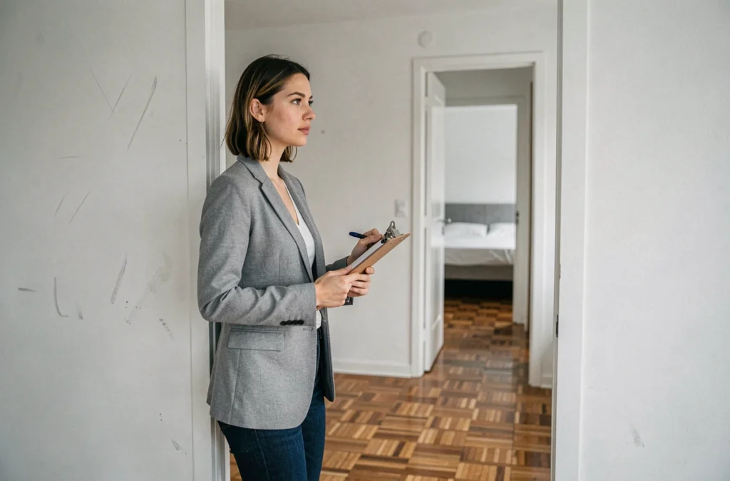 Femme évaluant les pièces d'un T3 vide pour estimer le coût d'un logement trois chambres