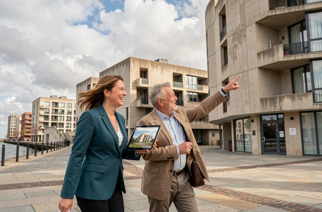 Agente Activa Immobilier accompagnant des clients dans les rues de l'architecture moderniste du Havre avec une tablette de présentation immobilière