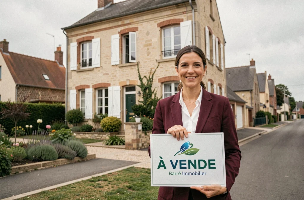 Agente de l'Agence Barré Immobilier tenant un panneau À Vendre devant une maison résidentielle à Caen