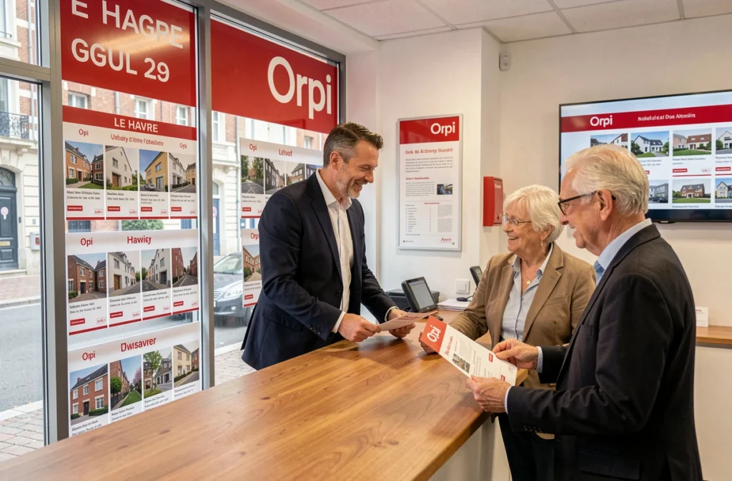 Conseiller de l'Agence du Palais Orpi au Havre aidant un couple de seniors avec des documents de vente immobilière dans une agence du réseau national Orpi