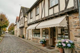 Vue grand angle d'une agence immobilière normande typique dans une rue pavée, illustrant le marché immobilier en Normandie