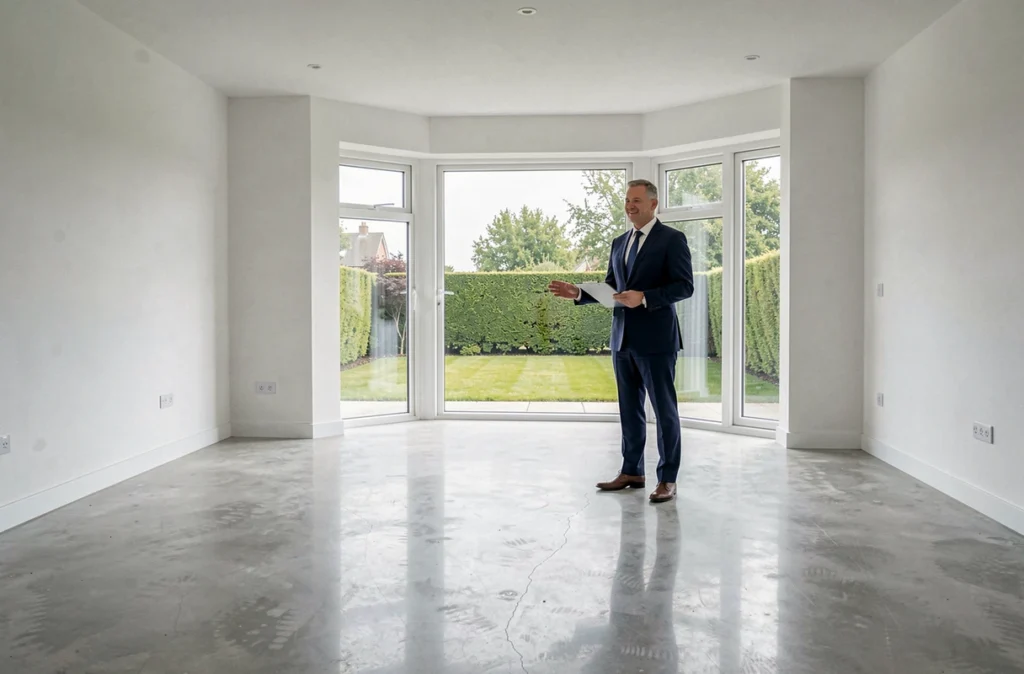 Agent immobilier présentant le salon d'une maison moderne avec grandes baies vitrées donnant sur un jardin aménagé