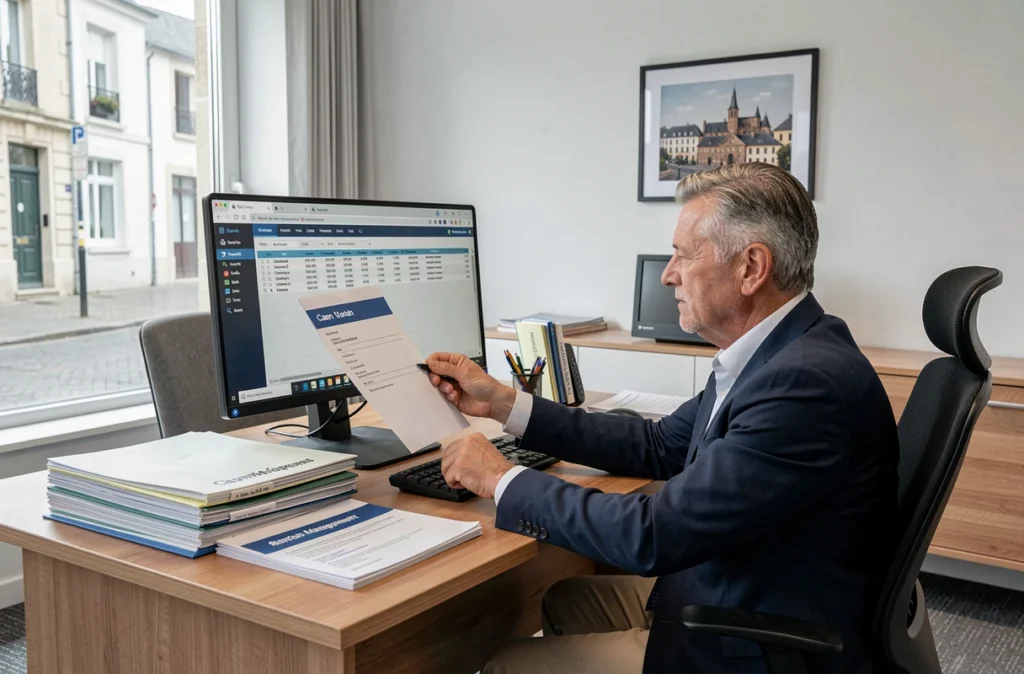 Professionnel de l'Apex Immobilier à Caen examinant des dossiers de gestion locative sur un écran dans un bureau contemporain organisé