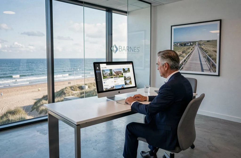 Agent BARNES Deauville en costume marine consulte des annonces immobilières haut de gamme avec vue sur la Côte Fleurie en arrière-plan