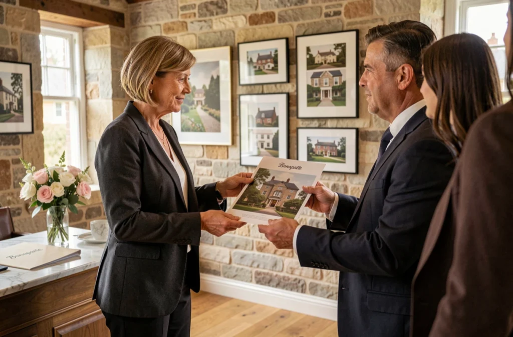Agente immobilière de prestige Bonaparte Art de Vivre présentant un manoir normand à des clients dans un bureau raffiné aux murs en pierre