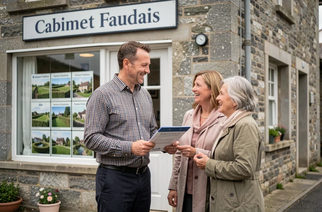 Agent du Cabinet Faudais accueillant des clients devant l'agence immobilière en pierre de la Manche en Normandie