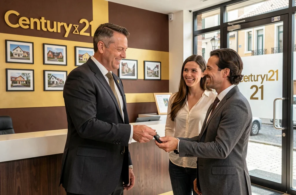 Agent Century 21 remettant des clés à des clients dans une agence aux couleurs dorées et marron des Pyrénées-Atlantiques
