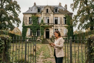 Femme inspectant un château abandonné en France avec des documents immobiliers devant un portail en fer rouillé entouré de végétation sauvage