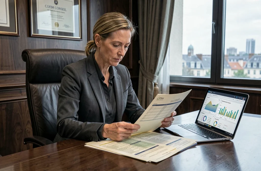 Conseillère Cofim Conseil Financier Immobilier examinant un dossier d'investissement immobilier dans un bureau professionnel de Pau