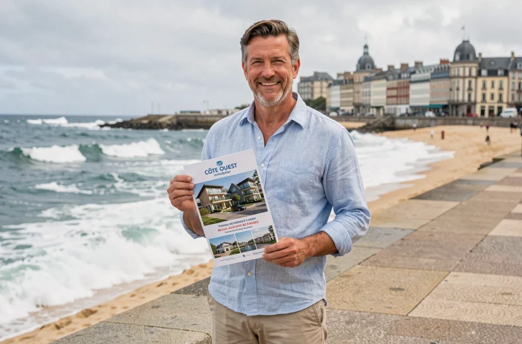 Agent Côte Ouest Immobilier sur la promenade littorale basque avec vue sur l'Atlantique et les plages des Pyrénées-Atlantiques
