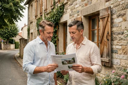 Couple examinant une annonce immobilière devant une maison en pierre traditionnelle française avec volets en bois