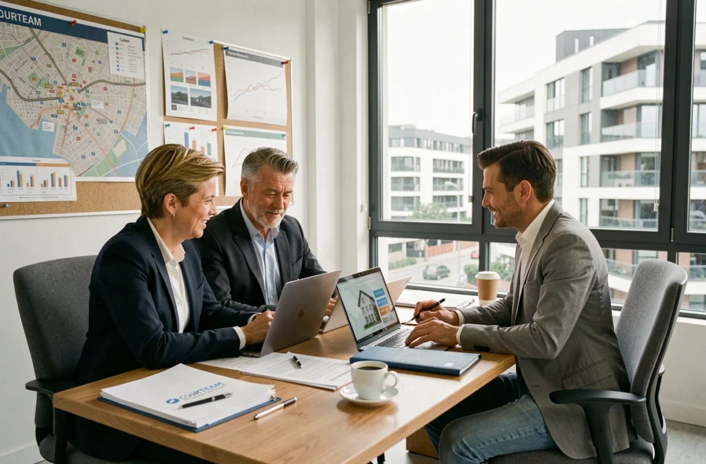 Courtier immobilier Courteam à Caen présentant une simulation de financement à un couple de clients dans un bureau moderne