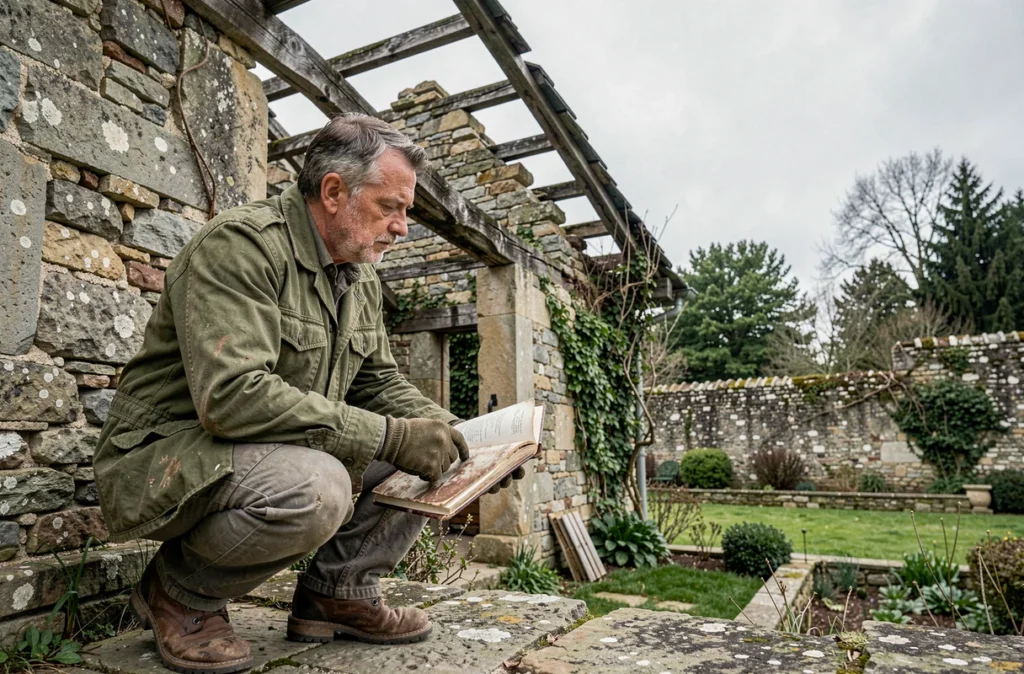 Homme évaluant l'état structurel d'une dépendance en pierre d'un château abandonné lors d'une visite d'inspection immobilière