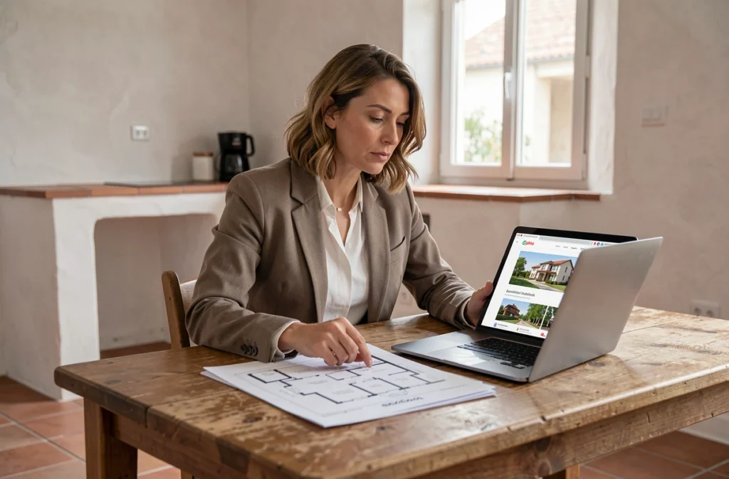 Femme analysant des plans de maison et une annonce immobilière sur ordinateur portable dans une cuisine vide