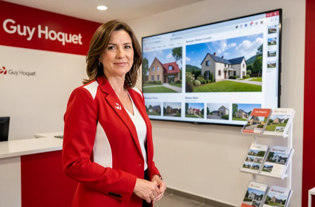 Agente Guy Hoquet devant un écran de présentation de biens immobiliers dans une agence des Pyrénées-Atlantiques aux couleurs rouge et blanc