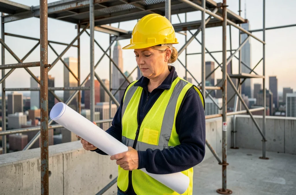 Ingénieure en construction tenant des plans techniques avec la skyline de Chicago visible en arrière-plan à travers des échafaudages métalliques