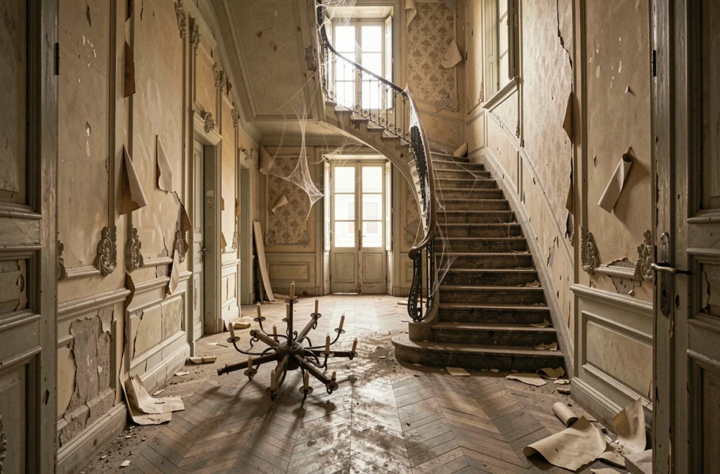 Couloir intérieur délabré d'un château français abandonné avec escalier en pierre et moulures en stuc dégradées